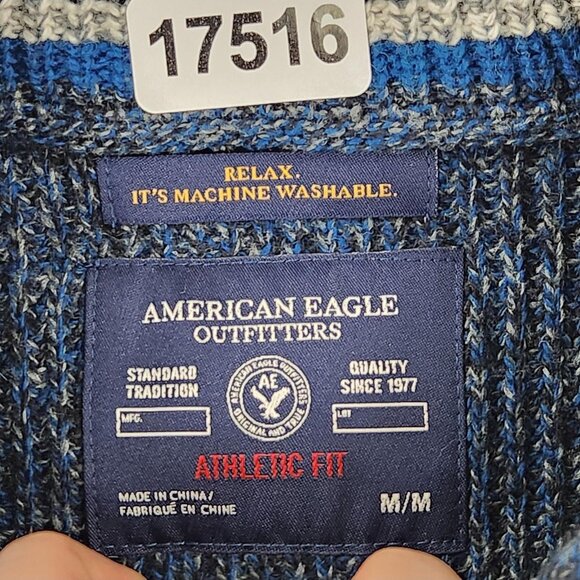 American Eagle Sweater Mens Medium Blue Shawl Collar Athletic Fit Wool Blend NEW - Picture 7 of 10